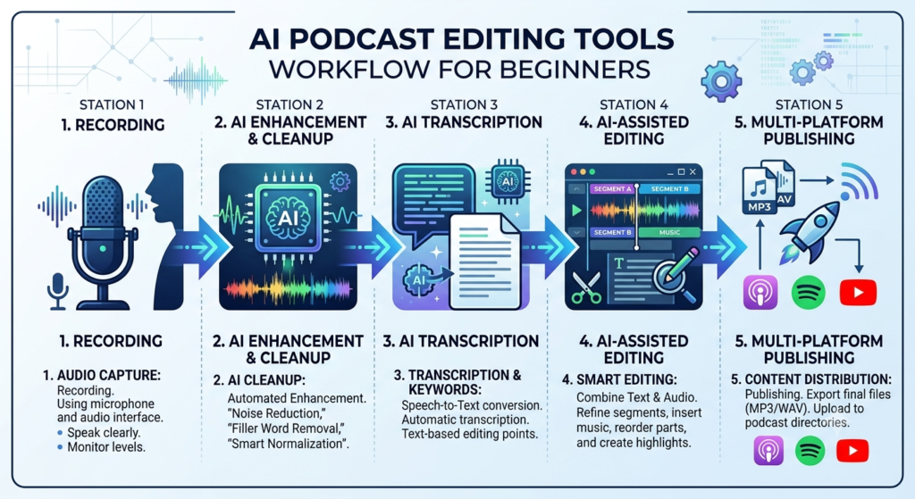 AI podcast editing tools workflow for beginners