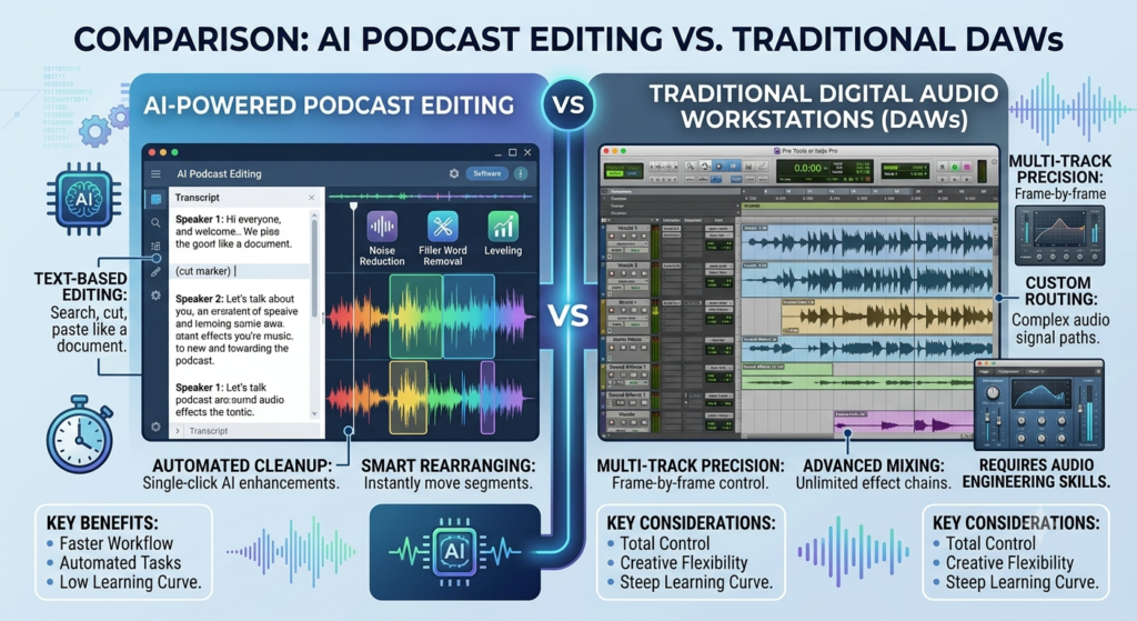 AI podcast editing vs traditional DAW