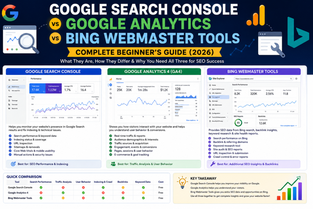 google search console vs google analytics vs bing webmaster tools