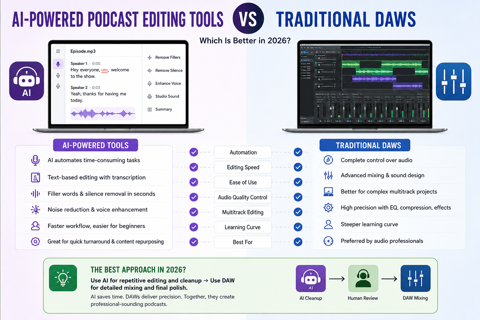 ai powered podcast editing tools vs traditional daws